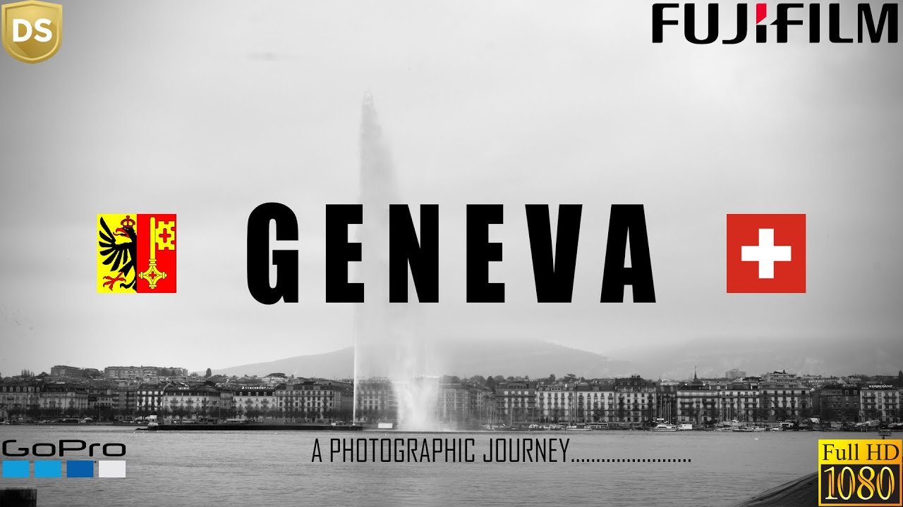 Black and white view of the Geneva waterfront and the Jet d'Eau fountain on Lake Geneva