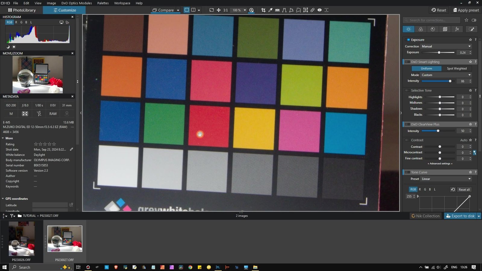 Close-up of a colour checker chart in DxO PhotoLab 8 during the ClearView Plus and Contrast chapter of Sourov Deb's tutorial