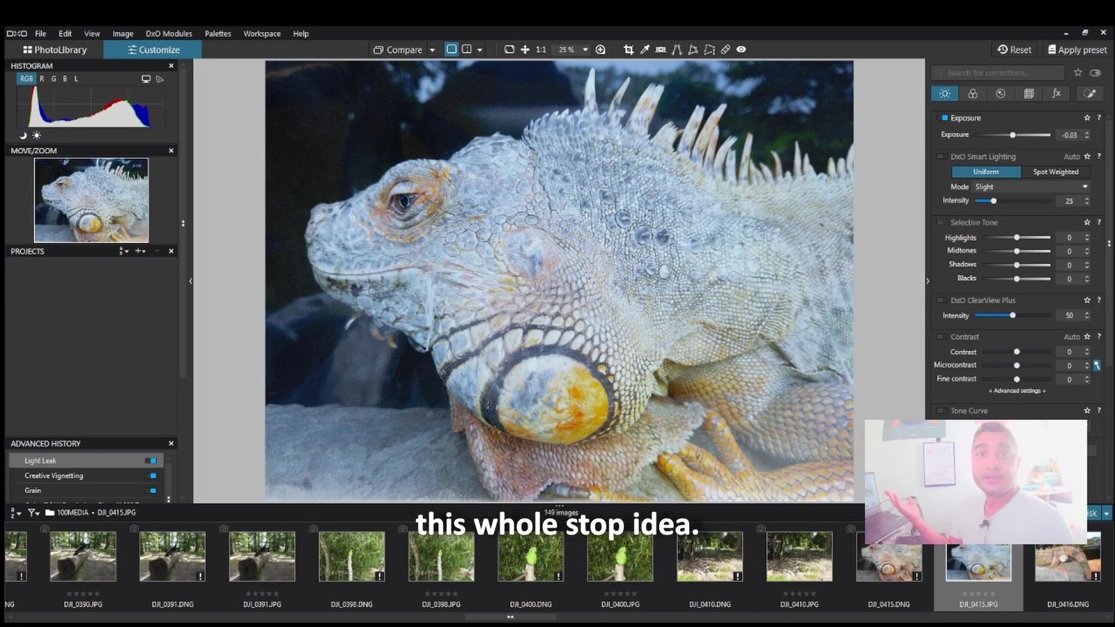 DxO PhotoLab 9 Customize tab with the Exposure Compensation slider, from Sourov Deb's beginner tutorial video