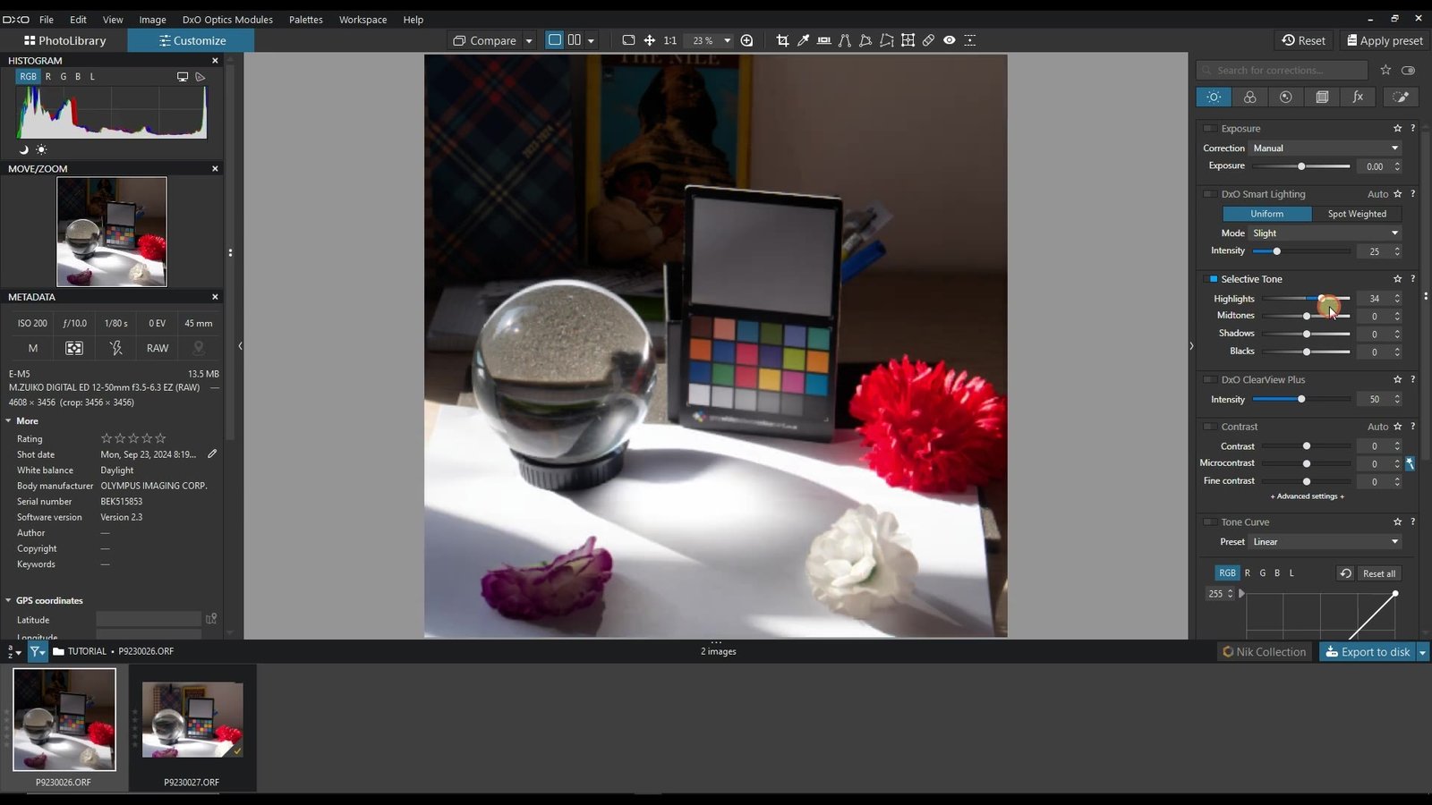 DxO PhotoLab Selective Tone palette with the Highlights slider, still life with a colour checker, from Sourov Deb's video