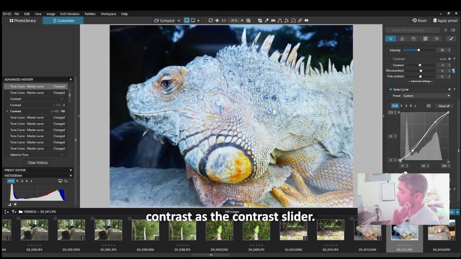 DxO PhotoLab 9 tone curve panel open while editing an iguana photo, from Sourov Deb's tutorial video