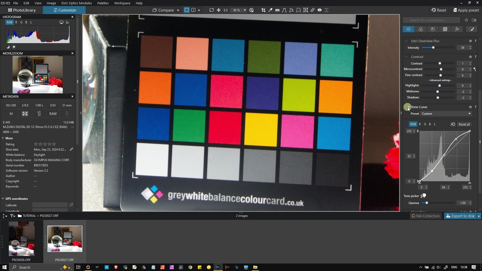 DxO PhotoLab Tone Curve panel with histogram while adjusting a colour checker chart