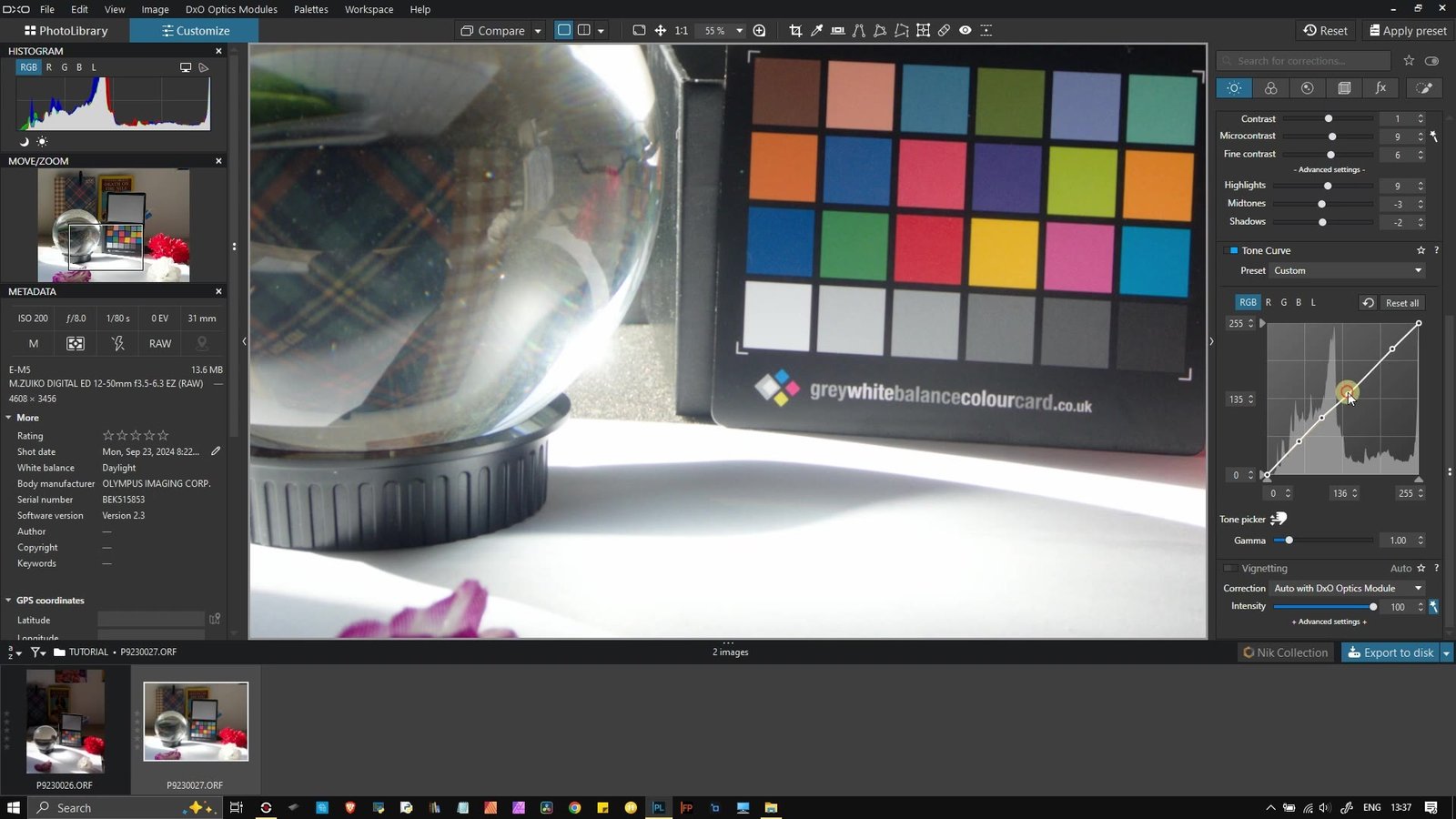 DxO PhotoLab Tone Curve with one midtone point raised, editing a colour checker