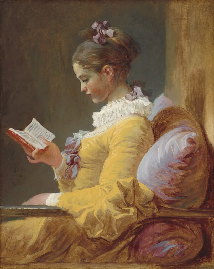 Painting of a young woman in a yellow dress seated in profile, reading a small book held in one hand