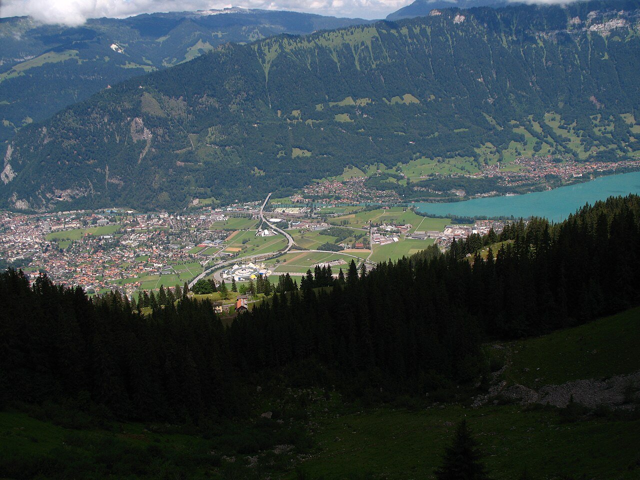 Interlaken on its flat plain, seen from high above, with Lake Brienz beyond the town and wooded mountains around it