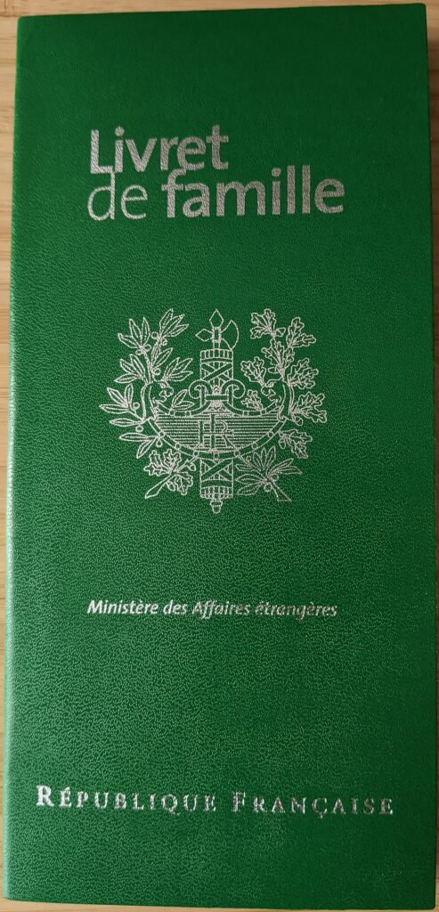 Green cover of a French family record book, the livret de famille, issued by the Ministry of Foreign Affairs