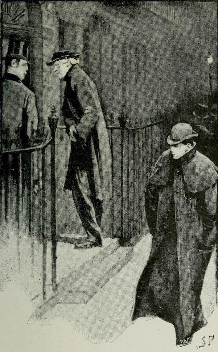 Black-and-white illustration: at night on a city pavement, a slim figure in a long coat hurries past two men standing at a doorway
