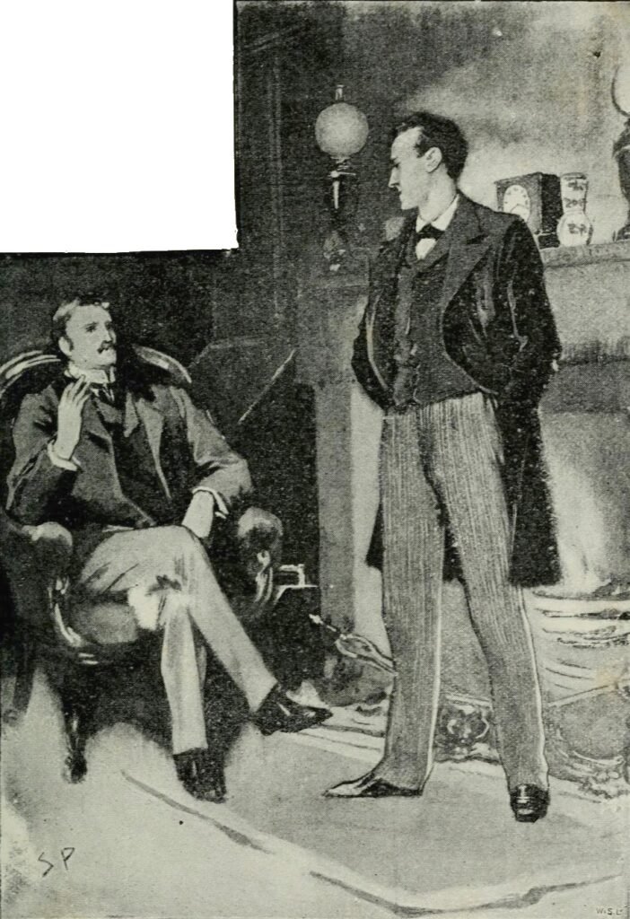 Black-and-white illustration: in a lamp-lit sitting room, a tall man stands with his back to the fireplace while another man sits in an armchair